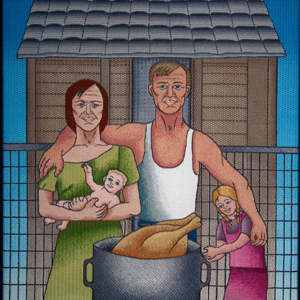 Art featuring man, woman, child, baby and turkey cooking